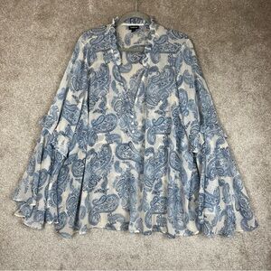 Torrid Blouse Womens 4 Blue White Paisley Sheer Pullover Flared Sleeve- 4051